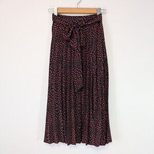 Topshop Pleated Black & Red Spotted Front Slit Midi Skirt